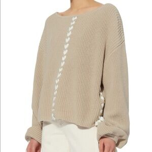 Tabula Rasa Beige Crewneck Sweater with White Lace-Up Detail